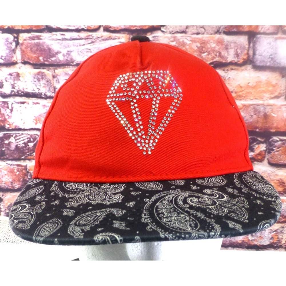 Rhinestone Diamond Design Red Snapback Hat With Black Paisley Brim OSFM...